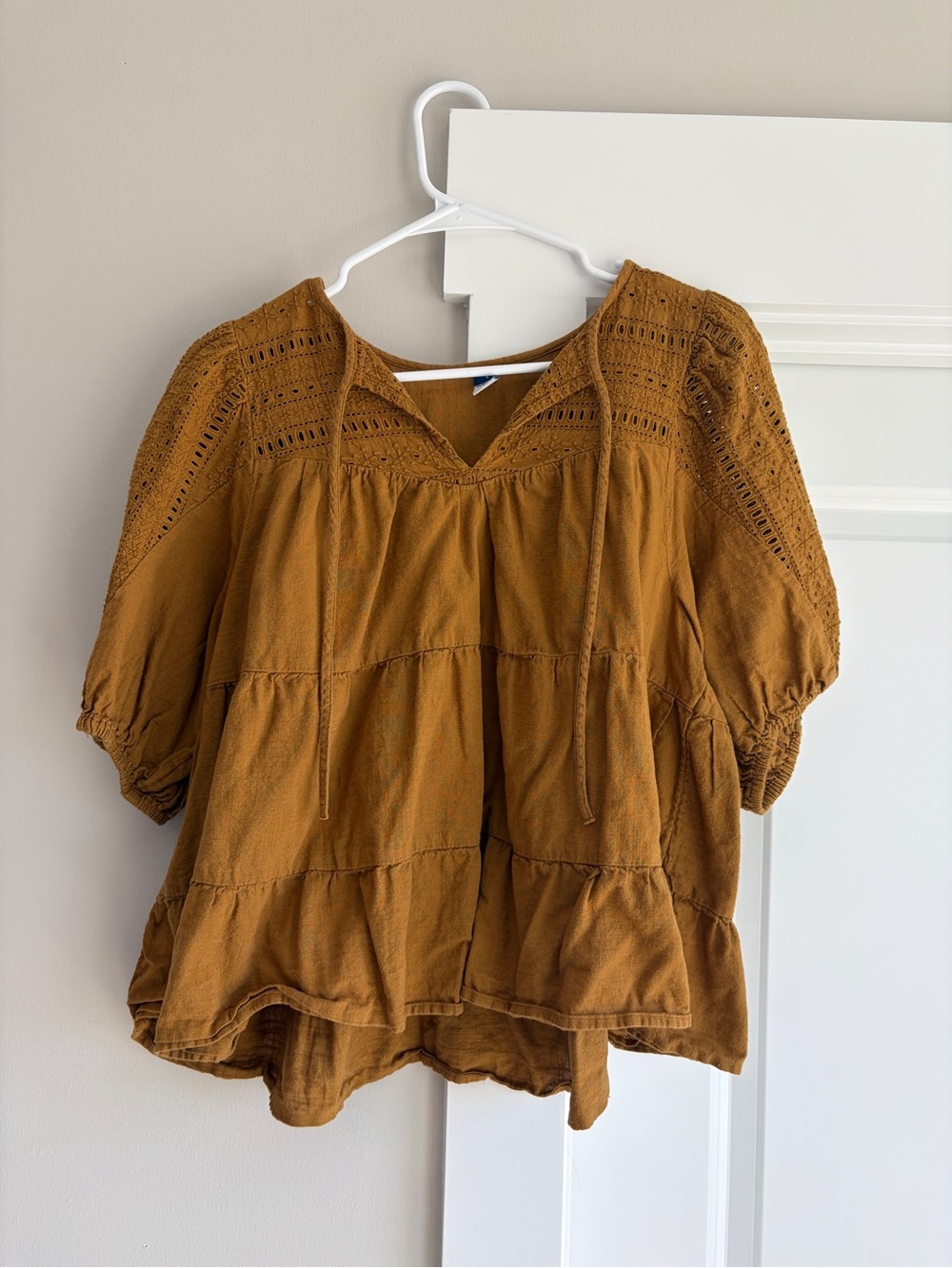 Old Navy Mustard Crochet Yoke Tiered Peasant Tunic